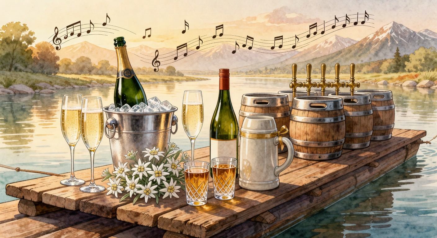 First Class: Champagner, Wein, Maßkrug, vier Bierfässer und Edelweiß auf einem Floß auf der Isar